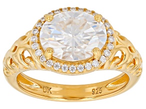 Oval And Round Moissanite 14k Yellow Gold Over Silver Halo Ring 3.28ctw DEW