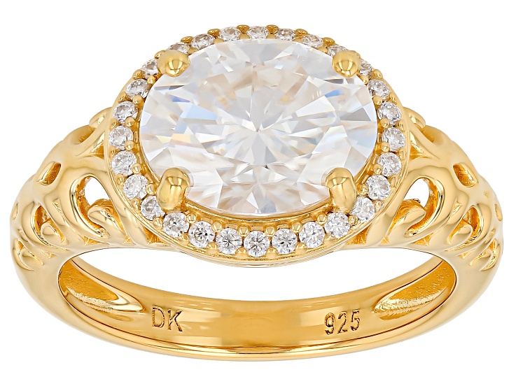 Oval And Round Moissanite 14k Yellow Gold Over Silver Halo Ring 3.28ctw DEW