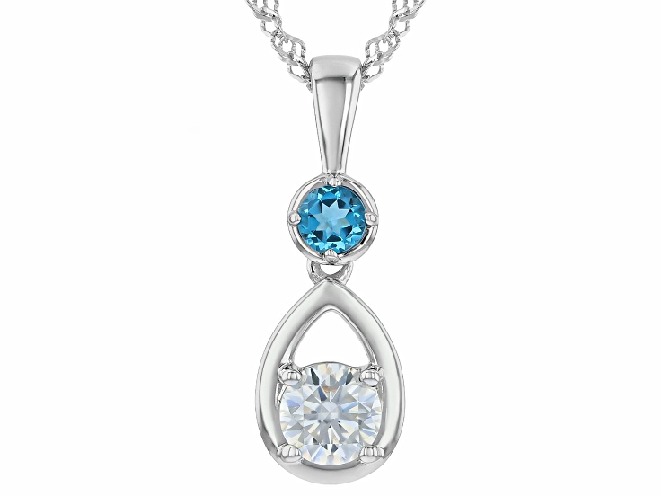 Round Moissanite and Swiss Blue Topaz Platineve Pendant With Chain 0.80ct DEW