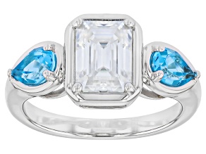 Emerald Cut Moissanite with Swiss Blue Topaz Three Stone Platineve Ring 1.75ct DEW