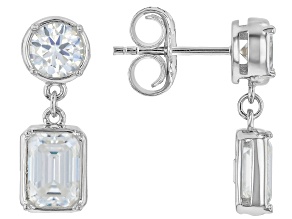 Emerald Cut And Round Moissanite Platineve Drop Earrings 3.02ctw DEW