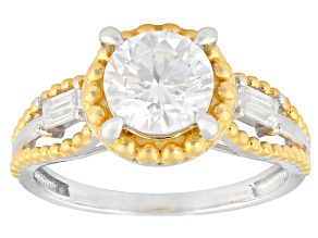 Round And Baguette Moissanite Platineve And 14k Yellow Gold Over Silver Engagement Ring 1.68ctw DEW