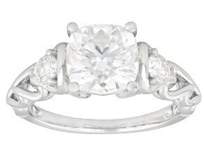 Square Cushion And Round Moissanite Platineve Three Stone Ring 2.72ctw DEW