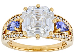 Moissanite with Tanzanite 14k Yellow Gold Over Sterling Silver Ring 4.24ctw DEW