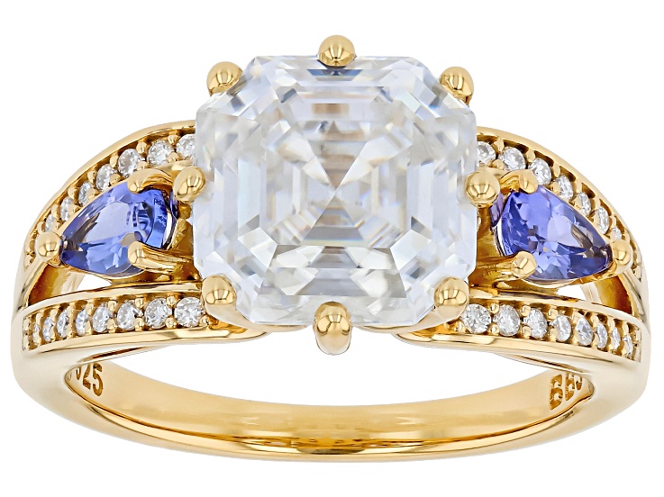Moissanite with Tanzanite 14k Yellow Gold Over Sterling Silver Ring 4.24ctw DEW
