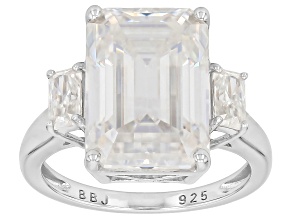 Emerald Cut And Radiant Cut Moissanite Platineve Three Stone Ring 9.16ctw DEW