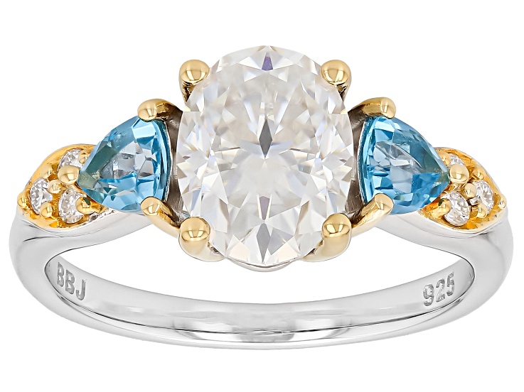 Moissanite and Swiss Blue Topaz Platineve And 14k Yellow Gold Over Silver Ring 2.22ctw DEW