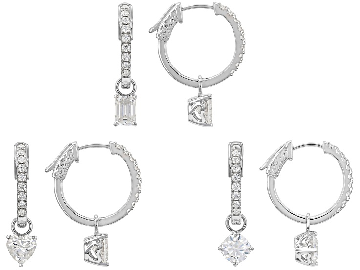 Moissanite Platineve Interchangeable Hoop Earrings Set Of Three Pair 2.94ctw DEW