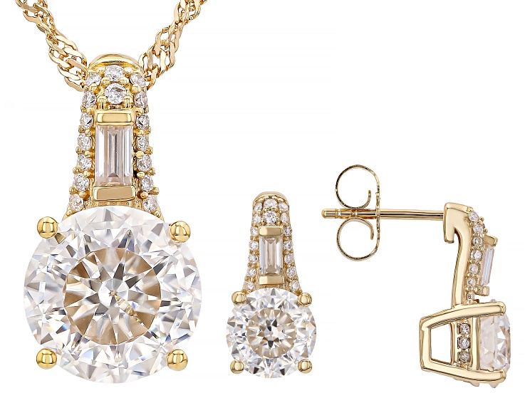 Round 100 Faceted Moissanite Holiday Collection 14K Yellow Gold Over Silver Jewelry Set 9.13ctw DEW