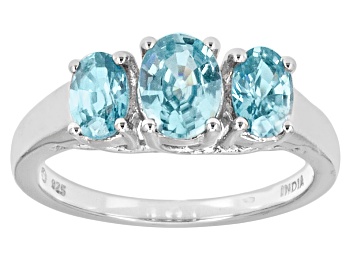 Picture of Blue Cambodian Zircon Rhodium Over Sterling Silver 3-Stone Ring 2.21ctw.