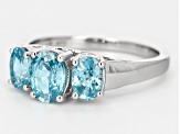 Blue Cambodian Zircon Rhodium Over Sterling Silver 3-Stone Ring 2.21ctw.