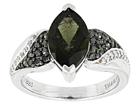 Green Moldavite Rhodium Over Sterling Silver Ring 1.65ctw