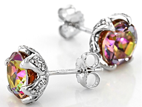 Multi Color Quartz rhodium over silver stud earrings 3.42ctw