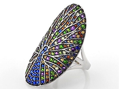 Multi-Gemstone Rhodium Over Sterling Silver Peacock Ring 2.45ctw