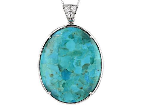 Abalone Shell, Turquoise & White Topaz Rhodium Over Silver Reversible Enhancer with Chain .38ctw