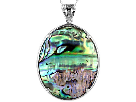 Abalone Shell, Turquoise & White Topaz Rhodium Over Silver Reversible Enhancer with Chain .38ctw