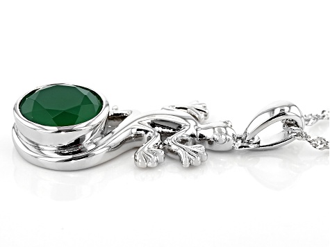 Green onyx rhodium over silver lizard pendant with chain