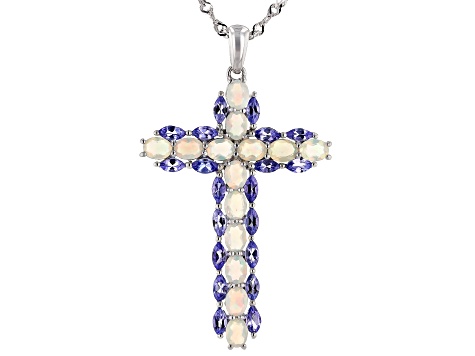 925 Sterling Silver Pave Diamond Tanzanite Cubic Zircon Cross Pendant