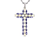 Blue tanzanite rhodium over sterling silver cross pendant with chain 2.55ctw