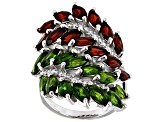 Red Garnet & Green Chrome Diopside Rhodium Over Sterling Silver Ring 6.28ctw