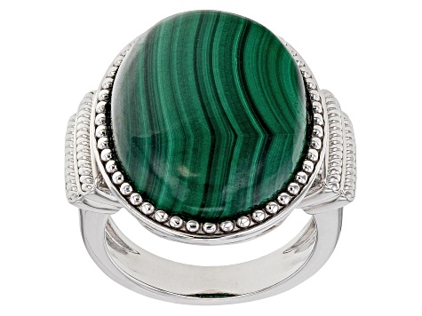 Green malachite rhodium over sterling silver ring