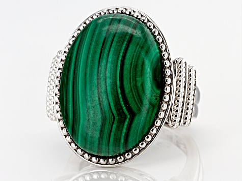 Green malachite rhodium over sterling silver ring