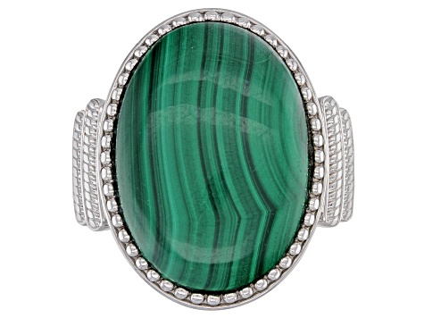 Green malachite rhodium over sterling silver ring