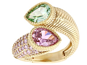 Judith Ripka Pink & Apple Green Cubic Zirconia 14k Gold Clad Bypass Ring 6.03ctw