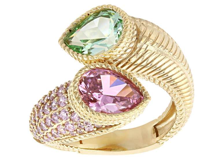 Judith Ripka Pink & Apple Green Cubic Zirconia 14k Gold Clad Bypass Ring 6.03ctw