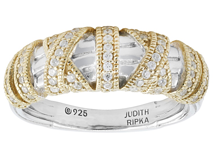 Judith Ripka White Cubic Zirconia Rhodium and 14k Gold Clad Ring 0.61ctw