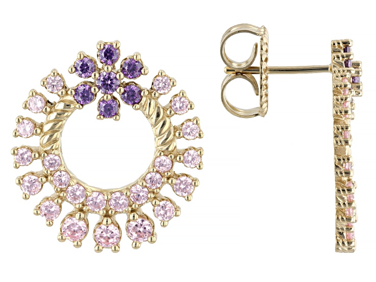 Judith Ripka Pink and Purple Cubic Zirconia 14k Gold Clad Earrings 3.33ctw