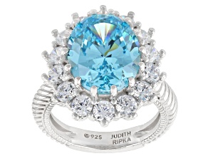 Judith Ripka Blue and White Cubic Zirconia Rhodium Over Sterling Silver Ring 15.18ctw