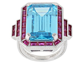 Judith Ripka Blue Cubic Zirconia And Lab Ruby Rhodium Over Sterling Silver Ring 33.05ctw