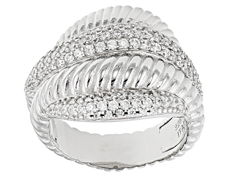 Judith Ripka Rhodium Over Sterling Silver Textured Wave Ring with Cubic Zirconia Accents