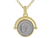 Judith Ripka Tiger's Eye and 50 Lira Coin Reversible 14k Gold Clad Verona Pendant with Chain