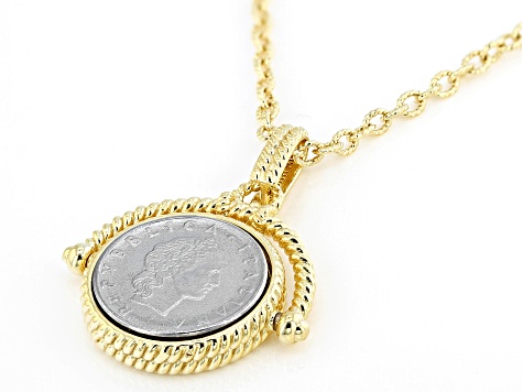 Judith Ripka Tiger's Eye and 50 Lira Coin Reversible 14k Gold Clad Verona Pendant with Chain