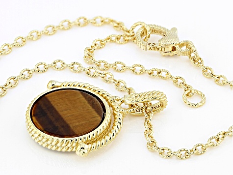 Judith Ripka Tiger's Eye and 50 Lira Coin Reversible 14k Gold Clad Verona Pendant with Chain