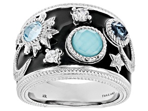 Judith Ripka Turquoise, Blue Topaz, Enamel & Cubic Zirconia Rhodium Over Silver Galaxy Ring