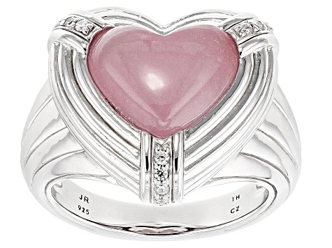 Judith Ripka Pink Jadeite and Cubic Zirconia Rhodium Over Sterling Silver Amour Heart Ring