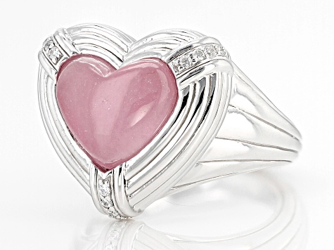 Judith Ripka Pink Jadeite and Cubic Zirconia Rhodium Over Sterling Silver  Amour Heart Ring