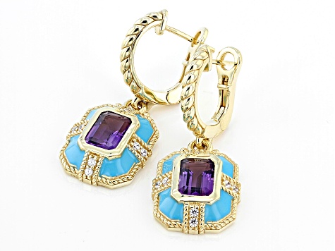 Judith Ripka Amethyst, Enamel, and White Cubic Zirconia 14k Gold Clad Catalina Earrings