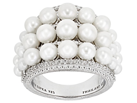 Judith Ripka Cultured Freshwater Pearl and Cubic Zirconia Rhodium Over Sterling Colette Ring