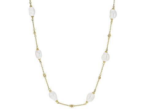 Judith Ripka Cultured Freshwater Pearl and Cubic Zirconia 14k Gold Clad Colette Station Necklace