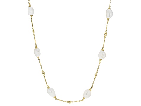 Judith Ripka Cultured Freshwater Pearl and Cubic Zirconia 14k Gold Clad  Colette Station Necklace