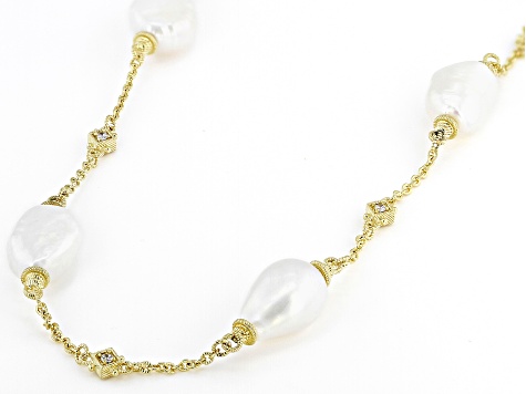 Judith Ripka Cultured Freshwater Pearl and Cubic Zirconia 14k Gold Clad Colette Station Necklace