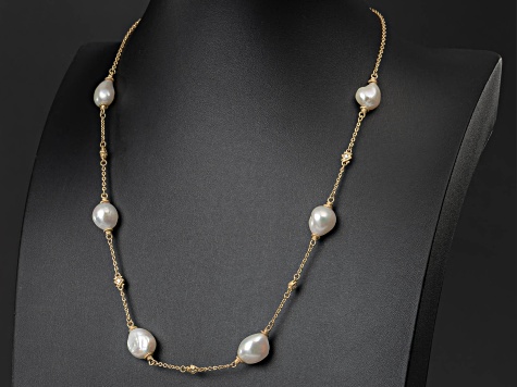 Judith Ripka Cultured Freshwater Pearl and Cubic Zirconia 14k Gold Clad Colette Station Necklace