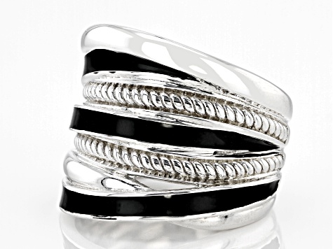 Judith Ripka Rhodium Over Sterling Silver With Black Enamel Highway Band Jubilee Ring
