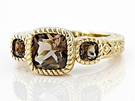 Judith Ripka Square Cushion Smoky Quartz 14k Gold Clad 3-Stone Romance Ring 1.90ctw