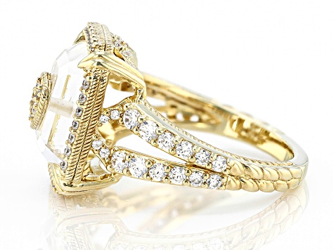 Judith Ripka Rock Crystal Quartz With Cubic Zirconia 14k Gold Clad Amour Ring 4.84ctw