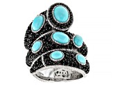 Judith Ripka Pave Black Spinel and Turquoise Rhodium Over Sterling Silver Aurora Wrap Ring 1.70ctw